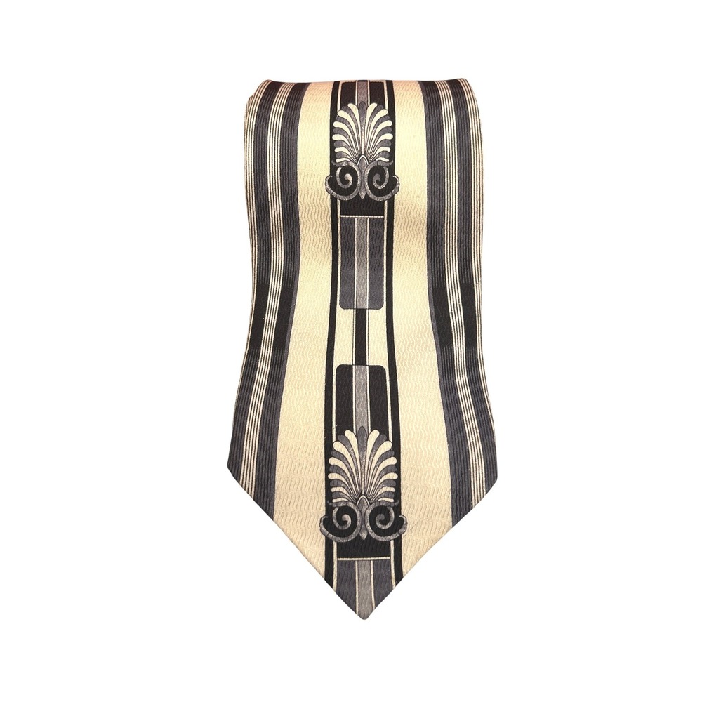 Henri Picard Silk Tie Black Cream Striped Art Deco Accent Hand Made Korea